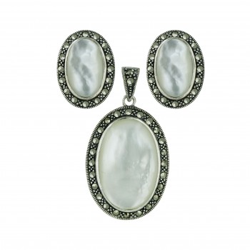 Marcasite Pendant 25X16mm+Earring 16X10mm White Mother of Pearl Oval Caboch