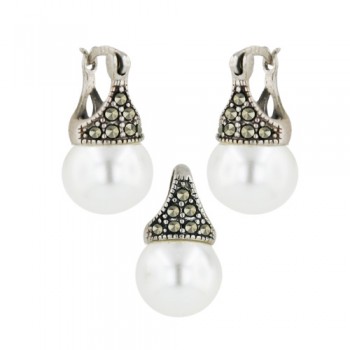 Marcasite Set ( 2A Swiss Marcasite) 10mm Latch White Pearl (Open