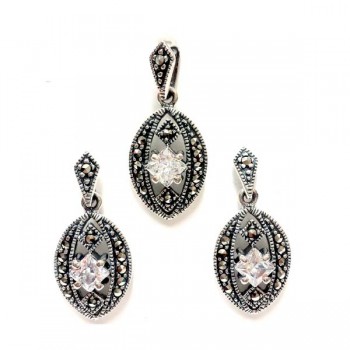 Marcasite Set Oval Shaped with Swiss Marcasite & Square Clear Cubic Zirconia