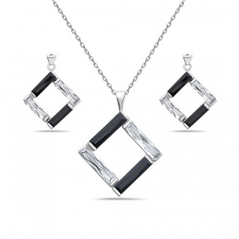 Sterling Silver Set of Earring+Pendant Frame Clear+Black Cubic Zirconia