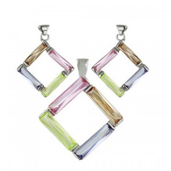 Sterling Silver Set of Earring+Pendant Frame Lv+Pink +App.Green+Champagne Cubic Zirconia