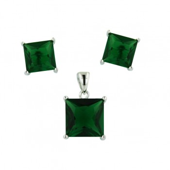 Sterling Silver Pendant 10X10mm+Earring 8X8mm Emerald Green Cubic Zirconia Square St