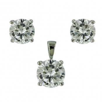 Sterling Silver Pendant 10mm+Earring 8mm Round Clear Cubic Zirconia Stud 4 Prongs