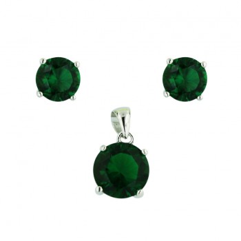 Sterling Silver Pendant 10mm+Earring 8mm Round Emerald Green Glass St