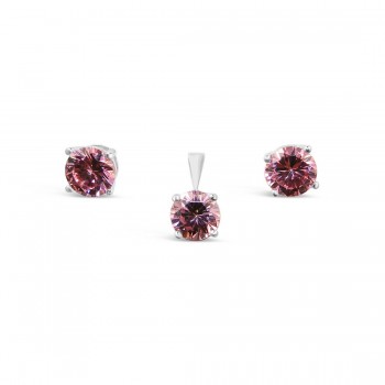 STERLING SILVER SET 8MM ROUND PINK CUBIC ZIRCONIA  STUD 4 PRONGS