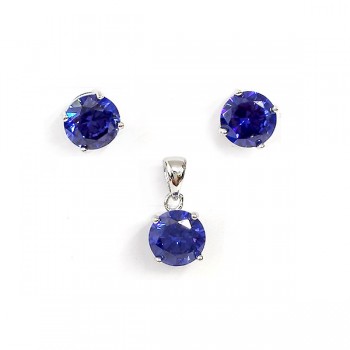 Sterling Silver Set 8mm Round Sapphire Cubic Zirconia Stud 4 Prongs