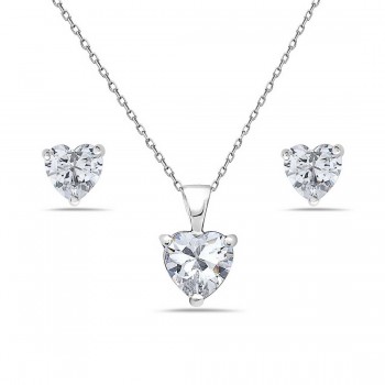 Sterling Silver Set 7X7mm Heart Clear Cubic Zirconia Stud