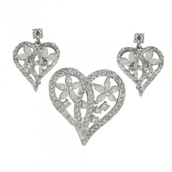 Sterling Silver Set Cubic Zirconia Open Heart with Marquis Clear Cubic Zirconia Flower