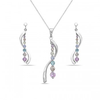 Sterling Silver Set Ascending Ame,Champagne,Lg,Lv,Aqua Marine, Pink Cubic Zirconia with Plain 'S