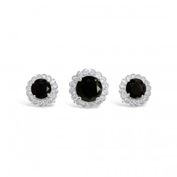 Sterling Silver Pendant(10Mm)+Earring(8Mm) Round Black Cubic Zirconia Stud