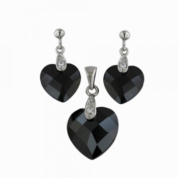 Sterling Silver Set Chess Cut Black Cubic Zirconia Heart with Cubic Zirconia