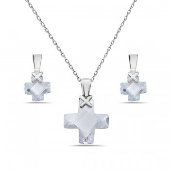 Sterling Silver Set Clear Cubic Zirconia Cross Cut with Plain "X"