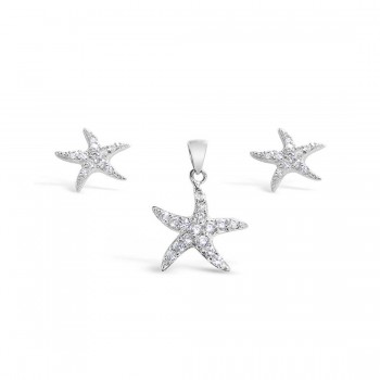 Sterling Silver Set Pave Clear Cubic Zirconia Starfish
