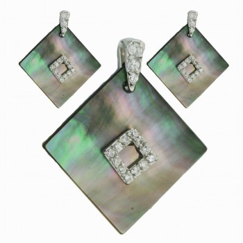 Sterling Silver Set Black Mother of Pearl Square 15/18 mm Cubic Zirconia Square Center