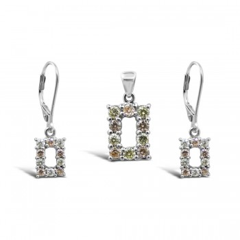 STERLING SILVER SET RECTANGULAR LINE CHAMPAGNE+APPLE GREEN CUBIC ZIRCONIA