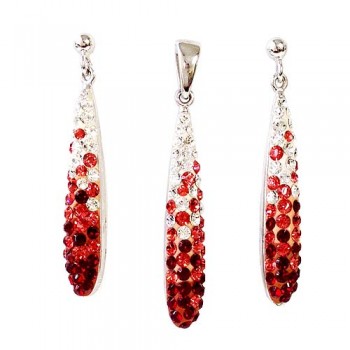 Sterling Silver Set Pave Red+Clear Crystal Shade Oblong Drop with O