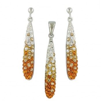 Sterling Silver Set Pave Topaz+Clear Crystal Shade Oblong Drop with
