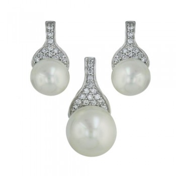 Sterling Silver Pendant 14mm+Earring 11mm White Mother of Pearl Shell Pearl with Clear