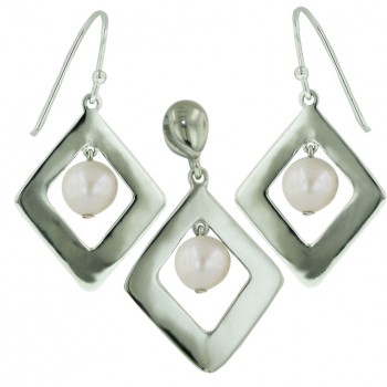 Sterling Silver Set Plain Open Rhombus with White Fresh Water Pearl Drop