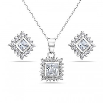 Sterling Silver Set Clear Square Princess Cut+Bezel Set with Clear Cubic Zirconia A