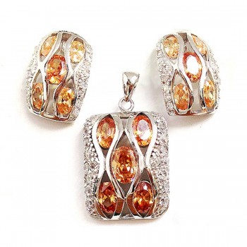 Sterling Silver Pendant 21X17mm+Earring 18X12mm Cushion Champagne Cubic Zirconia Oval with