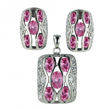 Sterling Silver Pendant 21X17mm+Earring 18X12mm Cushion Pink Cubic Zirconia Oval with
