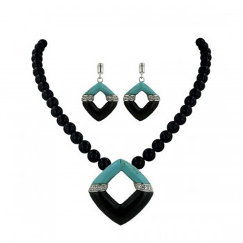 Sterling Silver Set Onyx+Faux Turquoise Open Square with Clear Cubic Zirconia both Sid