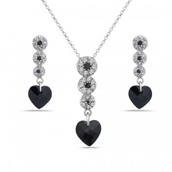 Sterling Silver Set 3 Graduated Clear Cubic Zirconia Top+Black Cubic Zirconia Chess Cut Hea