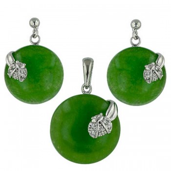 Sterling Silver Pendant 20mm+Earring 15mm Round Green Jade with Clear Cubic Zirconia La