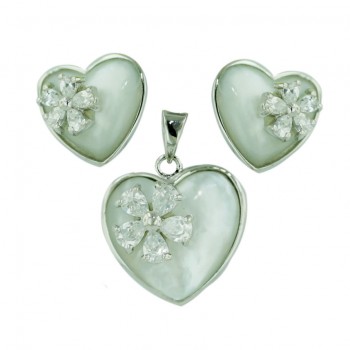 Sterling Silver Pendant 16mm+Earring 12mm White Mother of Pearl Heart with Clear Cubic Zirconia F F