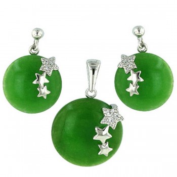 Sterling Silver Pendant 18mm+Earring 15mm Round Green Jade with Clear Cubic Zirconia+Pl