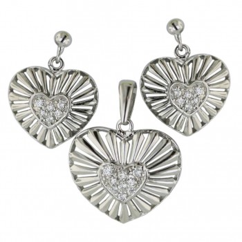 Sterling Silver Pendant+Earring Clear Cubic Zirconia Heart with Open Lines--Rhodium Plating/Nickle Free--