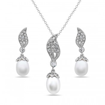 Sterling Silver Set 8mm Fresh Water Pearl with Crystal Leaf Top