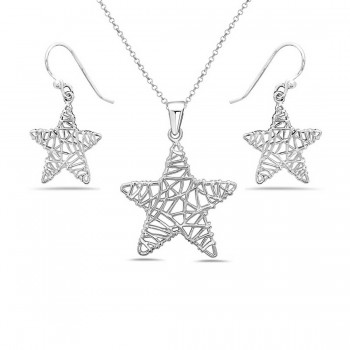 Sterling Silver Pendant 25mm+Earring 18mm Plain Lined Star with Fish Hoo