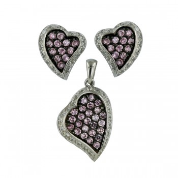 Sterling Silver Set Pink Cubic Zirconia Aside Heart with Clear Cubic Zirconia Around