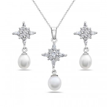 Sterling Silver Set Clear Cubic Zirconia Star Bursting Top with White Fresh Water Pearl Dangling
