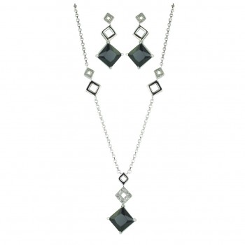 Sterling Silver Necklace+Earring 10X10mm Black Cubic Zirconia Rhombus Princess Cut with