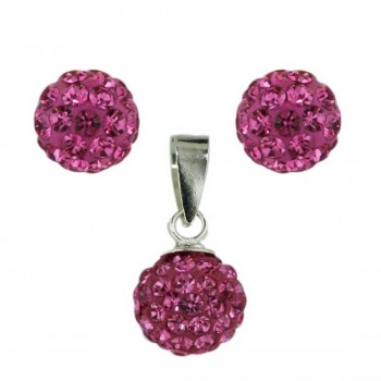 Sterling Silver Pendant (8mm) +Earg (6mm) Set Pink Crystal Fireball