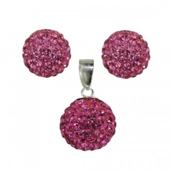 Sterling Silver Pendant (12mm) +Earg (10mm) Set Pink Crystal Fireball