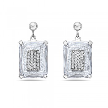 Sterling Silver PENDANT 32X22MM+EARRING 17X13MM CLEAR Cubic Zirconia RECTANGULAR W/4 PRONG-8S-1752CL-EAR