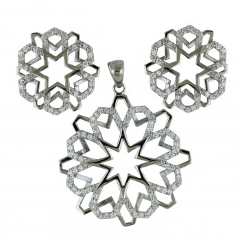 Sterling Silver Pendant 30mm+Earring 20mm Clear Cubic Zirconia Open Snowflake with 2 Pl