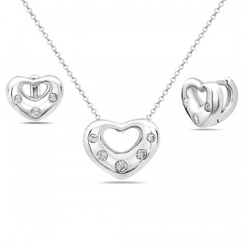 Sterling Silver Pendant 22mm+Earring 15mm Clear Cubic Zirconia Heart--Rhodium Plating/Nickle Free--
