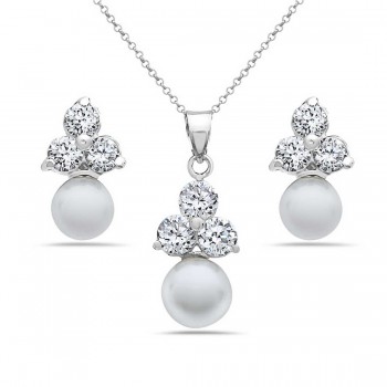 Sterling Silver Pendant 9mm+Earring 6mm White Faux Pearl with Clear Cubic Zirconia Top