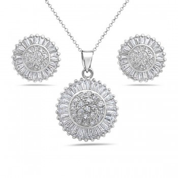 Sterling Silver Pendant+Earring Clear Cubic Zirconia Round with Spiky Rays Around