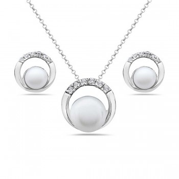 Sterling Silver Pendant (8mm) +Earg (5mm) Set White Fresh Water Pearl with Open Clear Cubic Zirconia R