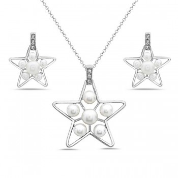 Sterling Silver Set 6 White Fresh Water Pearl with Open Plain Star+Clear Cubic Zirconia Top
