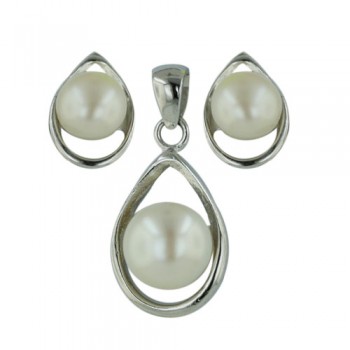 Sterling Silver Pendant 9mm+Earring 6mm White Fresh Water Pearl with