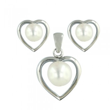 Sterling Silver Pendant 8mm+Earring 6mm White Fresh Water Pearl with Open Silver Heart