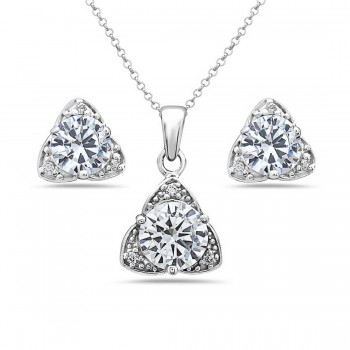 Sterling Silver Pendant 8mm+Earring 6mm Clear Cubic Zirconia Round with Trillion Around