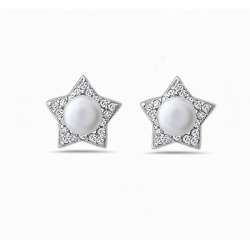 Sterling Silver EARRING CLEAR Cubic Zirconia STAR+WHITE FRESH WATER PEARL-8S-1860FP-E
